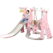 Ealing 4 in 1 Swing and Slide Set for Toddler Ages 1-3,Indoor Baby Swing Toys Playset with Bucket Style Seat and Basketball Hoop,Pink