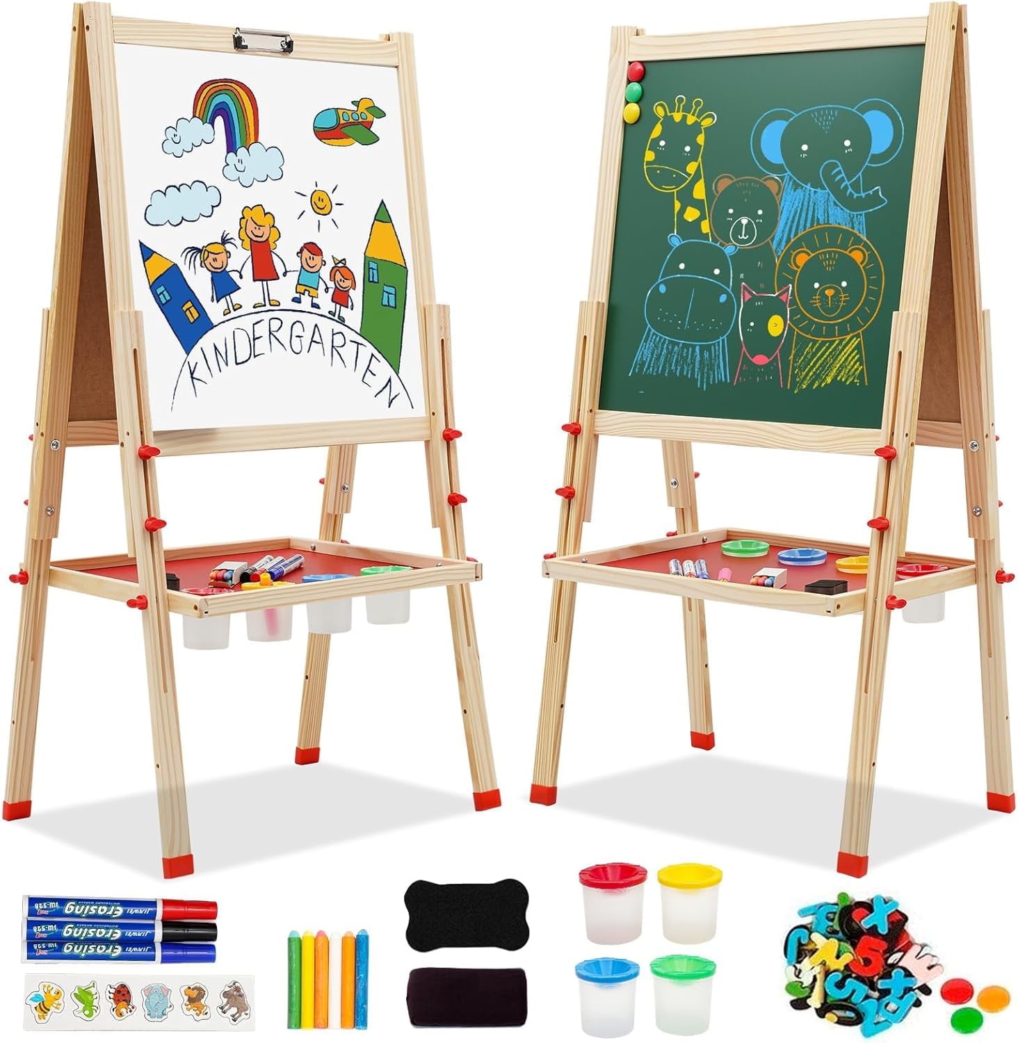 Ealing Kids Art Easel with Painting Accessories, Height Adjustable Standing Double Sided Drawing Board, Wooden Toddler Easel for Boys&Girls