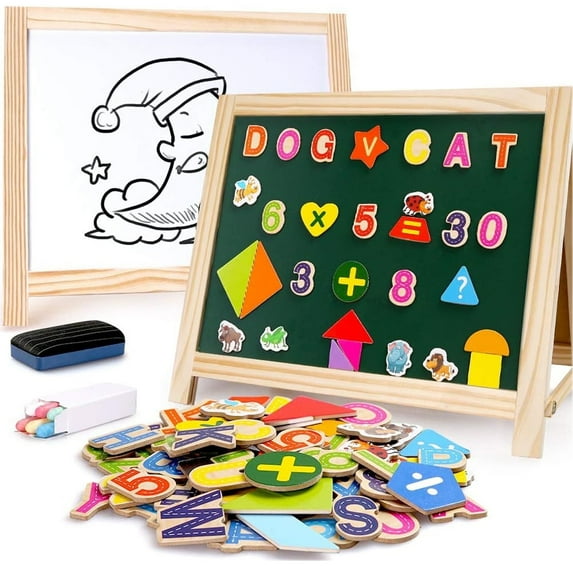 Ealing Wooden Tabletop Double-Sided Kids Easel Whiteboard Chalkboard with 67Pcs Letters Numbers for Girls&Boys Ages 3 up,12.9"H