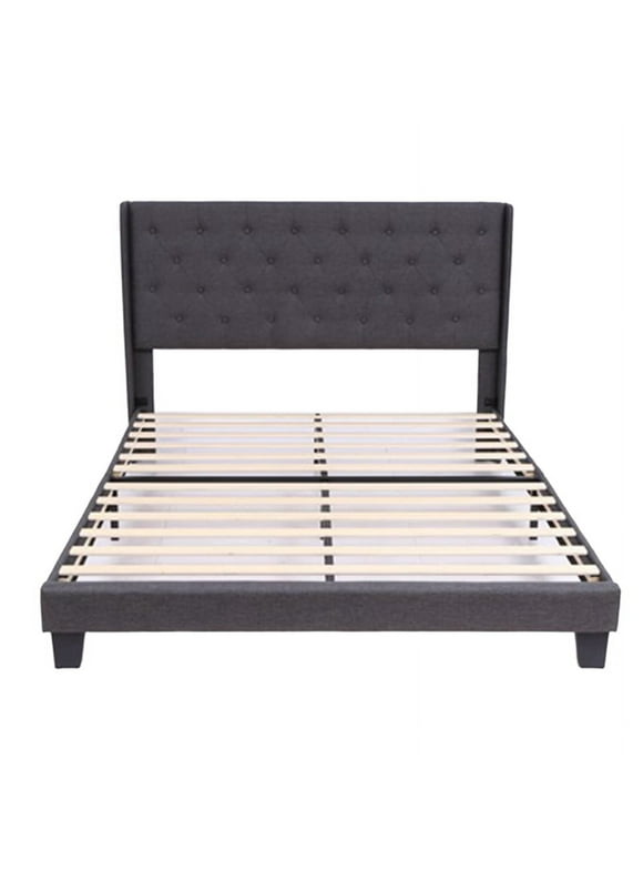 Ealufar Full Size Linen Fabric Bed Frame with Wingback / Upholstered Platform Bed with High Headboard / Noise-Free / No Box Spring Required / Wooden Slats / Quick Assembly, Dark Grey