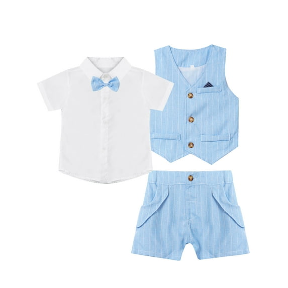 Eandarui 3 Piece Baby Boy Dress Outfit Formal Suit for Bowtie Shirt+Vest+Shorts Set Gentleman Suit Sky Blue 120