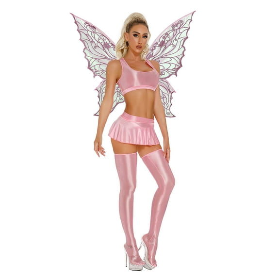 Eandarui 4 Piece Rave Outfits for Women Glossy Crop Top Miniskirt with Stockings Butterfly and Wings Pink XL