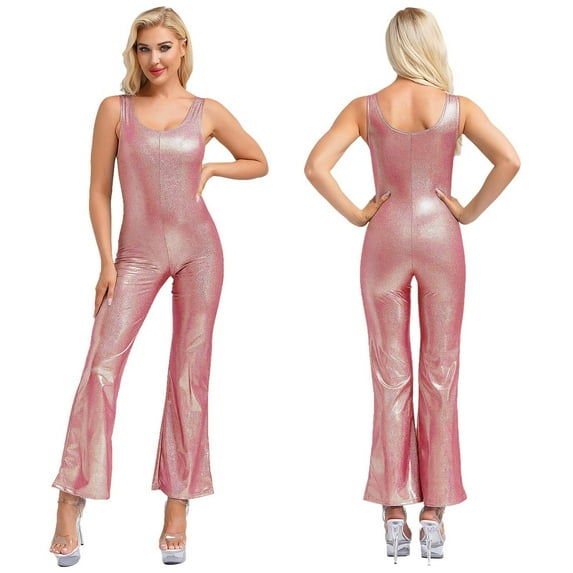 Eandarui Adult 70s Disco Costume for Women Sleeveless Flared Pants Bell Bottoms Party Club Romper Red 180