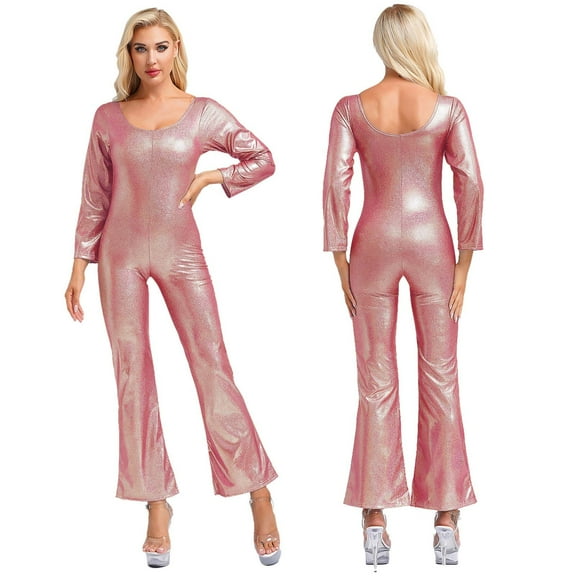 Eandarui Adult 70s Disco Outfits for Women's Glittering Flared Jumpsuit Long Sleeve Party Costume Red 170