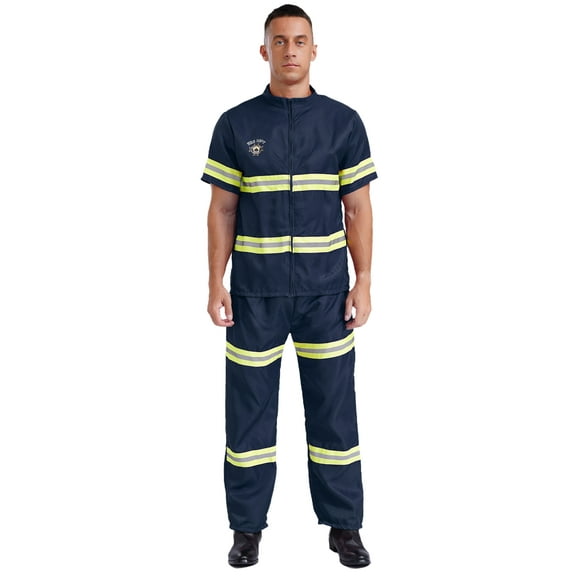 Eandarui Adult Red Fire Fighter Costume Mens 4 Pcs Plastic Helmet Short Sleeve Jacket Coat Pants and Navy Blue 180