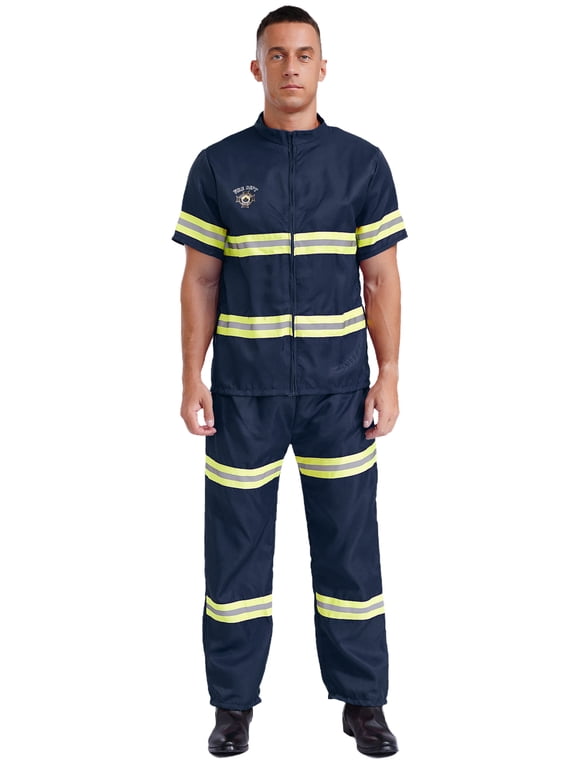 Adult Red Fire Fighter Costume Mens 4 Pcs Plastic Helmet Short Sleeve Jacket Coat Pants and Navy Blue 190