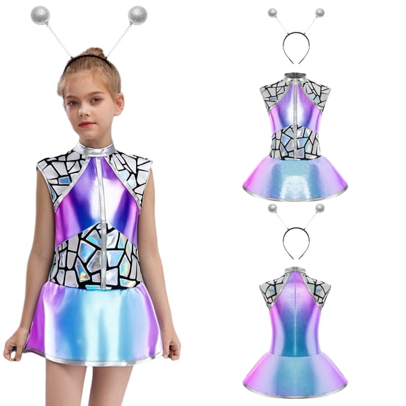 Eandarui Alien Girls Fancy Dress Outer Space Themed Party Outfits Metallic Roleplay Costumes Dress with Alien Hair Hoop Blue Silver 14