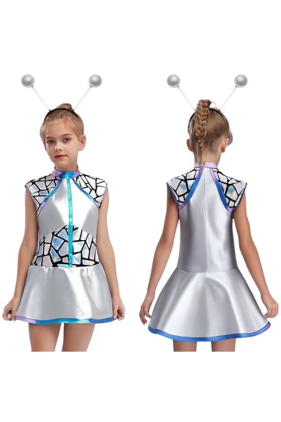 Alien Girls Fancy Dress Outer Space Themed Party Outfits Metallic Roleplay Costumes Dress with Alien Hair Hoop Silver 8