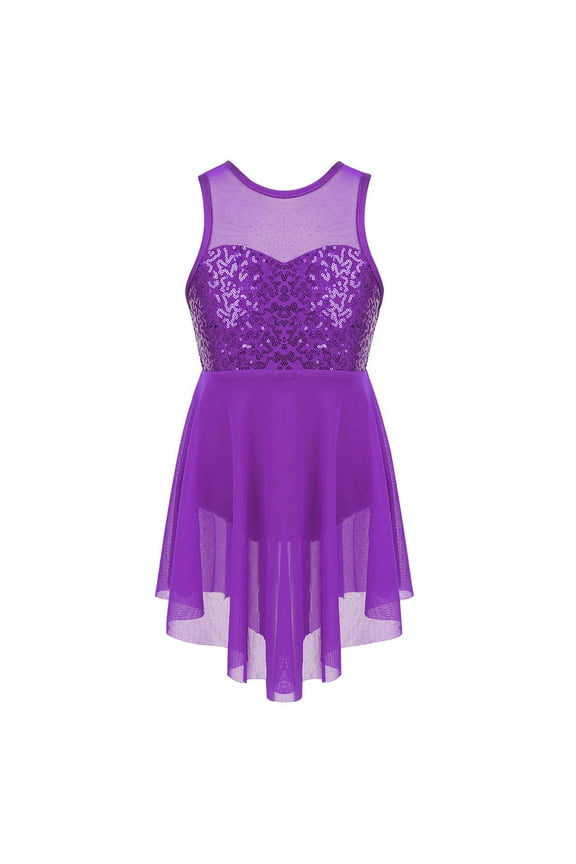 Big Girls Sequins Lyrical Dance Dress Sleeveless Tank Leotard Hi-Lo Skirts Ballet Dancewear Purple 14