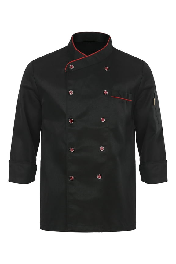 Chef Jacket for Unisex Men Women Short Sleeve Cook Coat Restaurant Hotel Kitchen Working Black Long Sleeve L