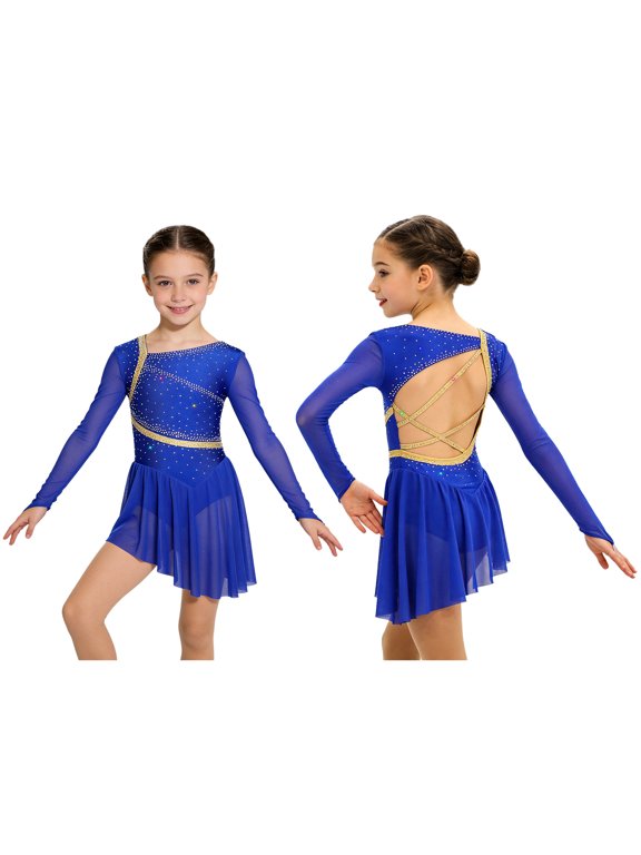 Children Girls Contemporary Ice Figure Skating Dress Ballet Dance Tutu Leotard Skater Skirts Dancer Costume Blue 6