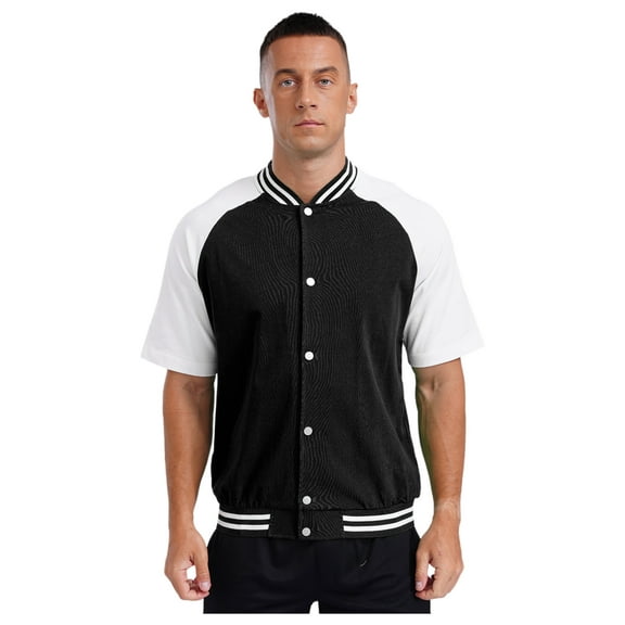 Eandarui Fashion Varsity Jacket for Men Short Sleeve Press Button Baseball Bomber Jackets Casual Black&White L