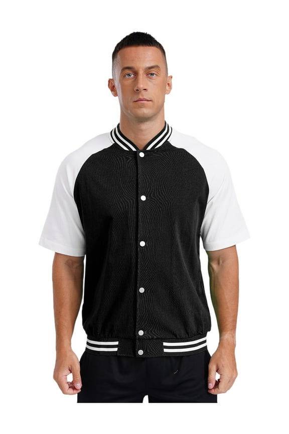 Fashion Varsity Jacket for Men Short Sleeve Press Button Baseball Bomber Jackets Casual Black&White L