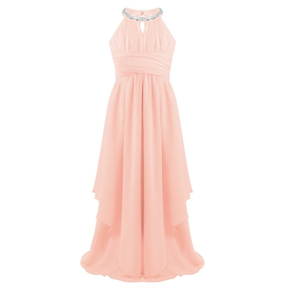 Eandarui Flower Girl Halter Chiffon Long Dress Junior Wedding Bridesmaid Dress Pageant Birthday Dance Light Pink 12