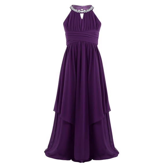 Eandarui Flower Girl Halter Chiffon Long Dress Junior Wedding Bridesmaid Dress Pageant Birthday Dance Purple 14
