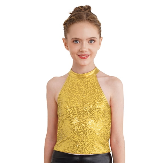 Eandarui Girl's Glitter Sequins Jazz Ballet Hip Hop Dance Tank Top Sleeveless Halter Neck Vest Gold 12