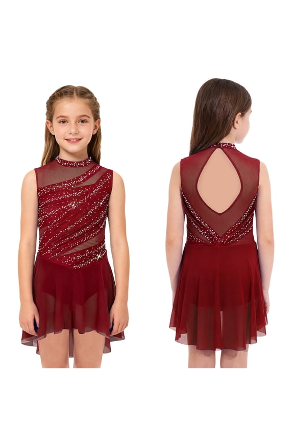 Girl's Latin Jazz Lyrical Dance Costume Dancing Clothes Figure Ice Skating Dress Competitions Ballroom Skirt Burgundy 12
