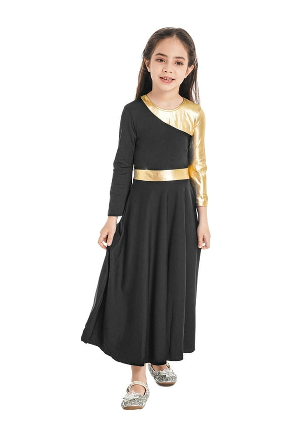 Girl's Metallic Gold Color Block Praise Dance Dress Liturgical Church Lyrical Worship Dance Black 8