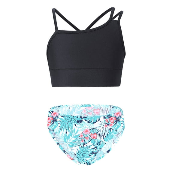 Eandarui Girls Bikini Swimsuits Two Piece Floral Printed Tankini with Athletic Shorts Swimwear Black&Leaf 14