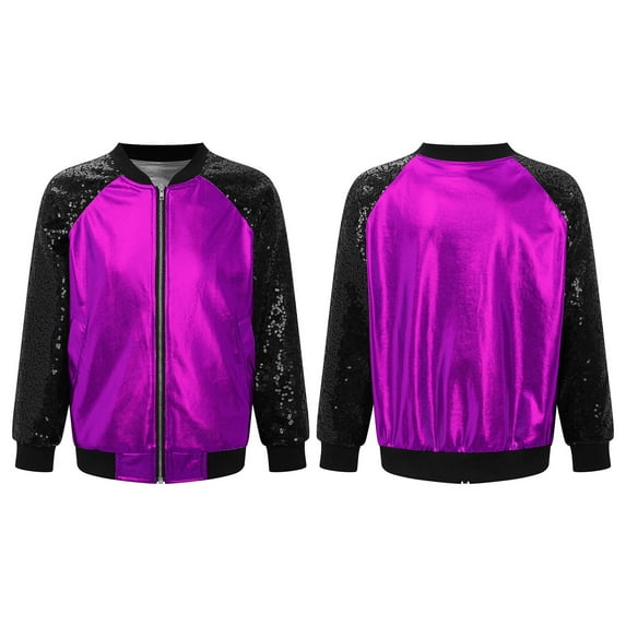 Eandarui Girls Boys Sequins Hip Hop Jazz Bomber Jacket Kids Unisex Long Sleeve Glitter Metallic Purple 14