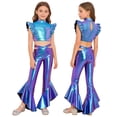 thumbnail image 1 of Eandarui Girls Jazz Hip Hop 2-Piece Set Ruffle Rhinestones Cami Top with Shiny Metallic Flared Pants Dance Performance Outfit Blue 14, 1 of 7