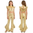 thumbnail image 1 of Eandarui Girls Jazz Hip Hop 2-Piece Set Ruffle Rhinestones Cami Top with Shiny Metallic Flared Pants Dance Performance Outfit Gold 6, 1 of 7