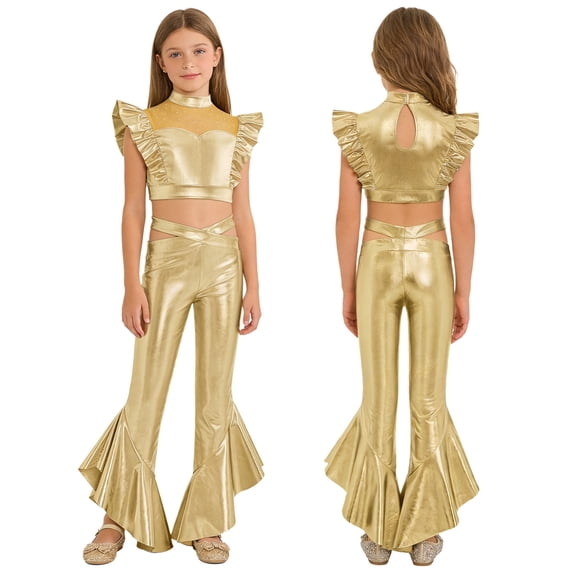 Eandarui Girls Jazz Hip Hop 2-Piece Set Ruffle Rhinestones Cami Top with Shiny Metallic Flared Pants Dance Performance Outfit Gold 6