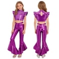 thumbnail image 1 of Eandarui Girls Jazz Hip Hop 2-Piece Set Ruffle Rhinestones Cami Top with Shiny Metallic Flared Pants Dance Performance Outfit Purple 8, 1 of 7