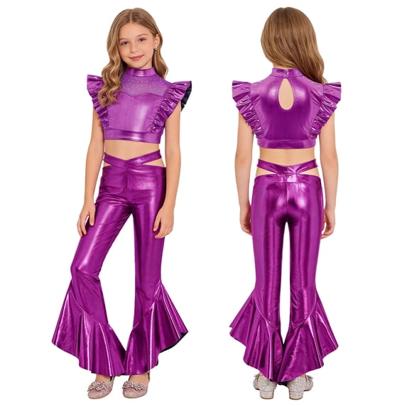 Eandarui Girls Jazz Hip Hop 2-Piece Set Ruffle Rhinestones Cami Top with Shiny Metallic Flared Pants Dance Performance Outfit Purple 8