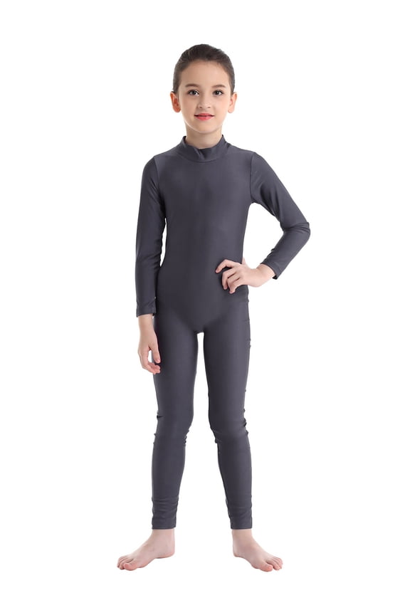 Girls Kids Mock Neck Full Length One Piece Unitard Gymnastics Dance Leotard Jumpsuit Dark Gray 11-12