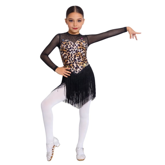 Eandarui Girls Leopard Print Latin Dance Dress Fringe Cha Cha Salsa Competition Skirt Ballroom Dance Outfits Black 16