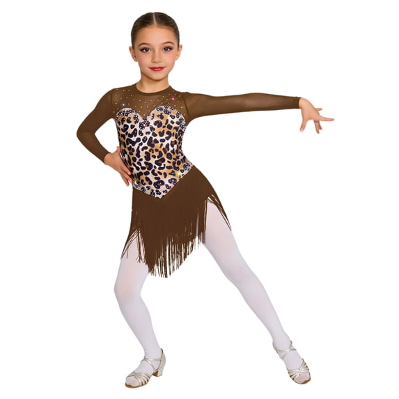 Eandarui Girls Leopard Print Latin Dance Dress Fringe Cha Cha Salsa Competition Skirt Ballroom Dance Outfits Brown 14