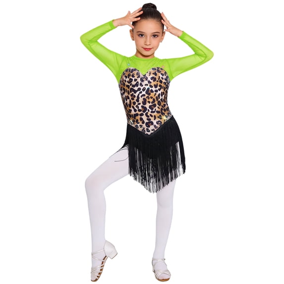 Eandarui Girls Leopard Print Latin Dance Dress Fringe Cha Cha Salsa Competition Skirt Ballroom Dance Outfits Fluorescent Green 8