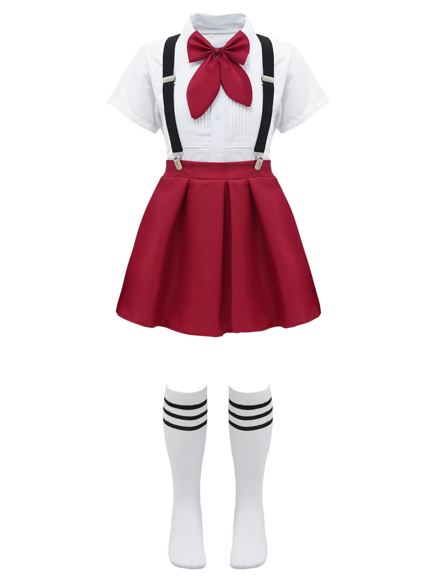 Eandarui Girls School Uniform Suspender Pleated Skirt Sets Shirt Bowknot  Japanese Anime Costume Type B Burgundy 170 - Walmart.com