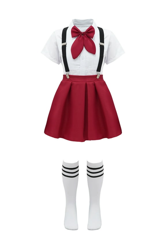 Girls School Uniform Suspender Pleated Skirt Sets Shirt Bowknot Japanese Anime Costume Type B Burgundy 130