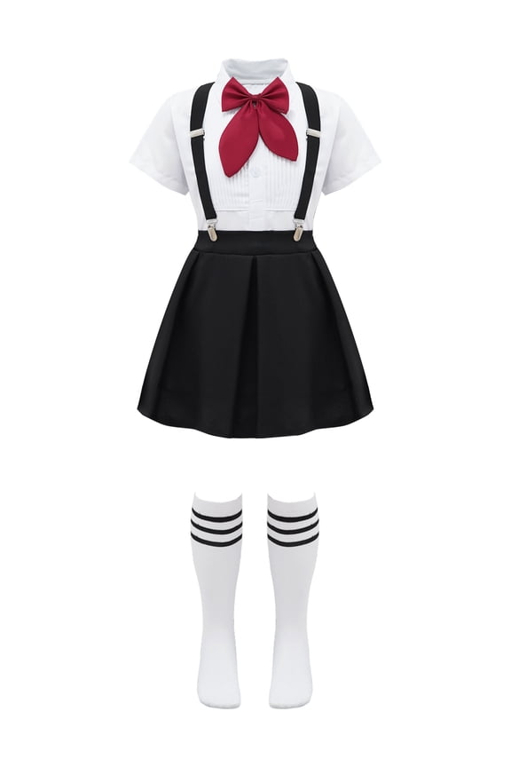 Girls School Uniform Suspender Pleated Skirt Sets Shirt Bowknot Japanese Anime Costume ype B Black 170