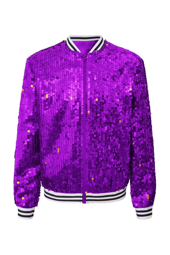 Girls Shiny Sequin Bomber Jacket for Hip Hop Jazz Dsico Dance Costume Club Party Outerwear Purple 14