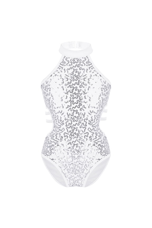 Girls Sparkly Sequins Cutout Back Gymnastic Leotards Halter Neck One-Piece Ballet Dance White 10