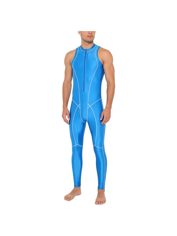 Glossy Jumpsuit for Men Zipper Front Quick Drying Nylon Tight Active Base Layers Underwear Tracksuits Blue S