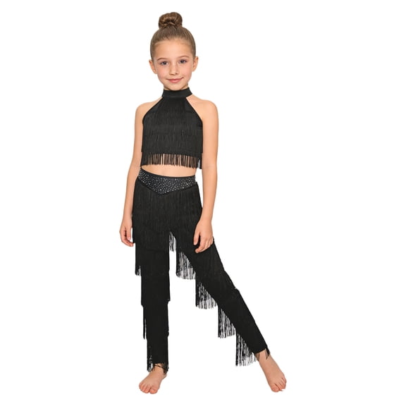 Eandarui Junior Girls Modern Salsa Ballroom Outfits 2Pcs Sets Latin Dance Costume Tassel Camisole Fringe Pants Black 12