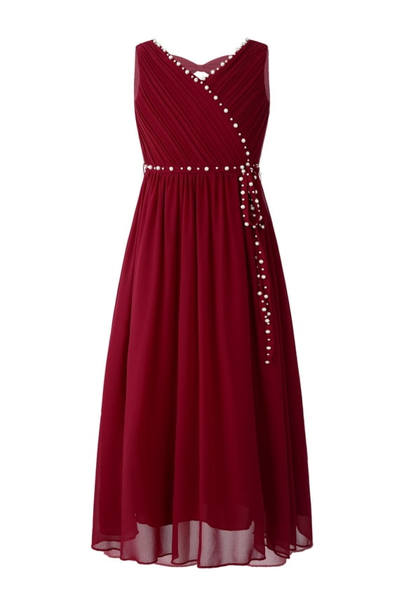 Junior Girls V Neck Bowknot Hollow Back Bridesmaid Pageant Prom Wedding Long Maxi Dress Burgundy 10