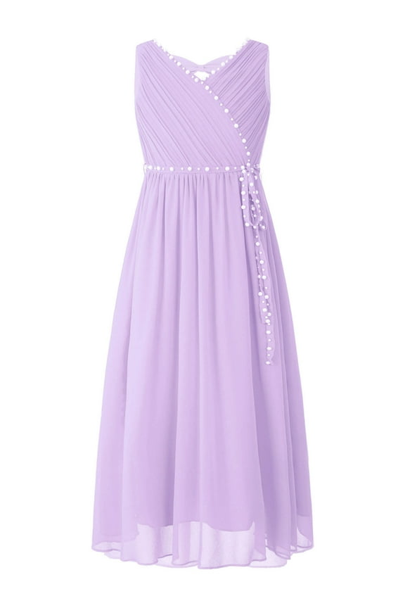 Junior Girls V Neck Bowknot Hollow Back Bridesmaid Pageant Prom Wedding Long Maxi Dress Lavender 8