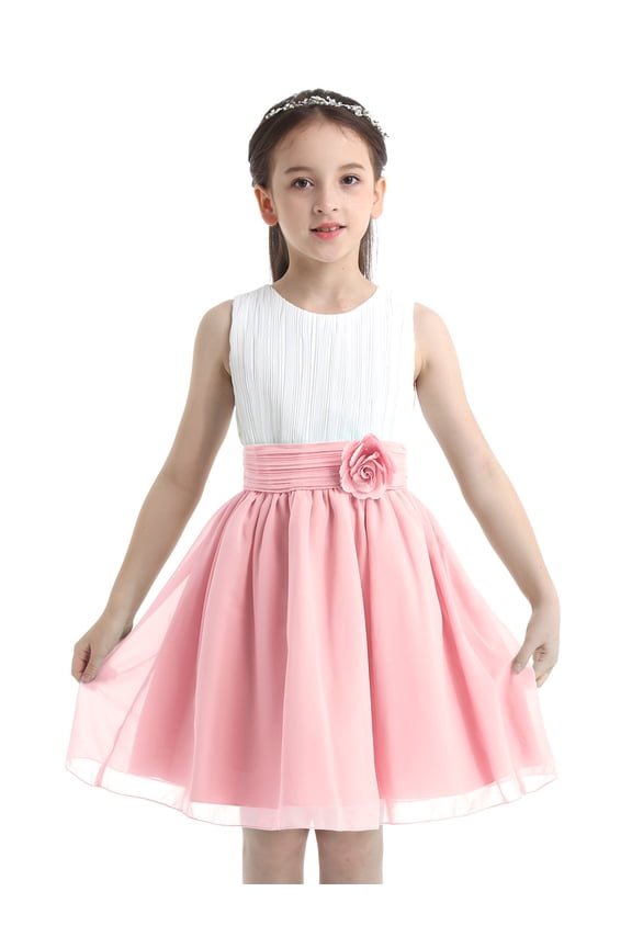 Juniors Girls Sleeveless Pleated Chiffon Dress Bridesmaid Wedding Princess Pageant Party White&Pink 8