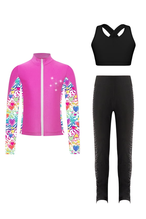 Kid Girls Figure Ice Skating Training Suit Long Sleeve Zipper Jacket Crop Top and Skating Black&Hot Pink 14
