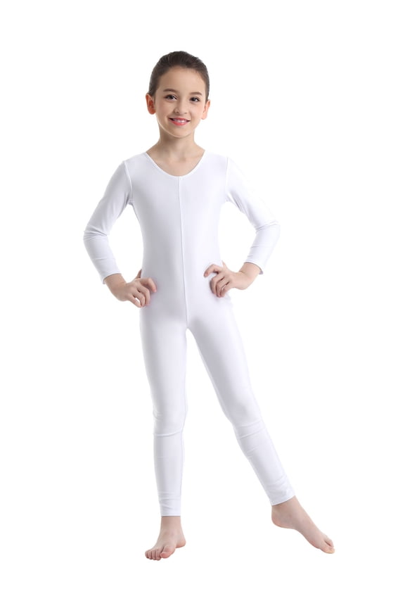 Kid's Boys Girls Full Body Unitard Long Sleeve Gymnastics Leotard Ballet Dance Bodysuit White S