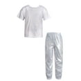 thumbnail image 1 of Eandarui Kids 2 Piece Dance Outfit Shorts Sleeve Shiny Metallic Round Neck T-shirt with Pant Set Jazz Silver 140, 1 of 5