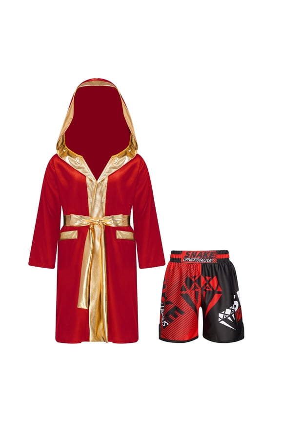 Kids Boys Boxing Outfit Metallic Satin Hooded Sports Muay Thai Robe Grown Cloak with Belt B3 6