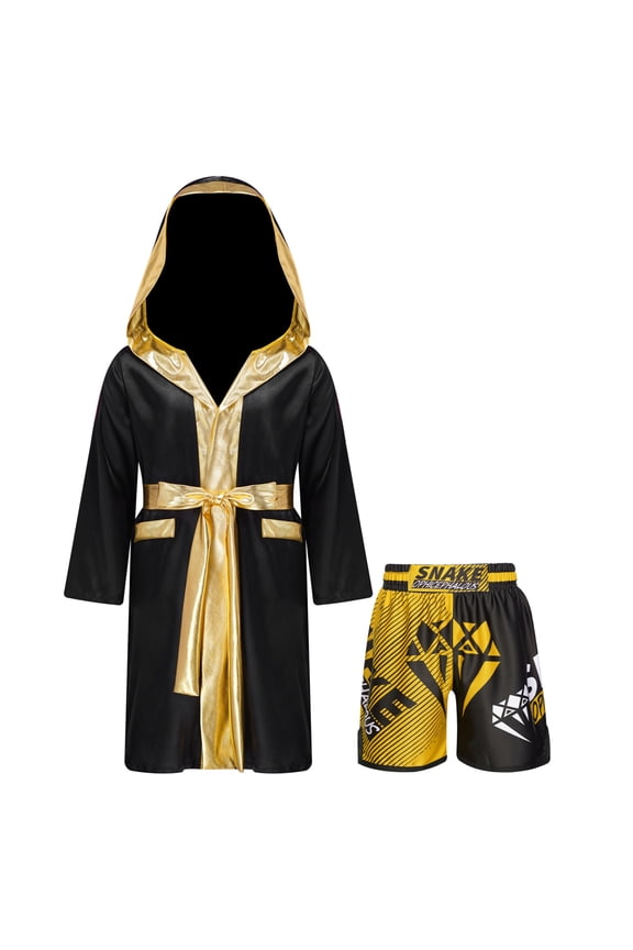 Kids Boys Boxing Outfit Metallic Satin Hooded Sports Muay Thai Robe Grown Cloak with Belt B4 16