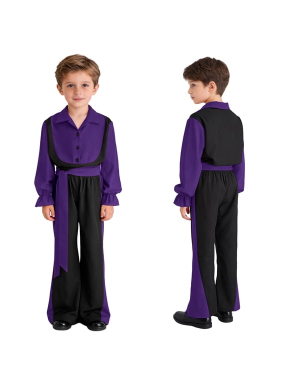 Kids Boys Flamenco Dance Outfit Pullover Shirt with Pants Set Color Block Dancing Clothes Competition Costume Purple 8