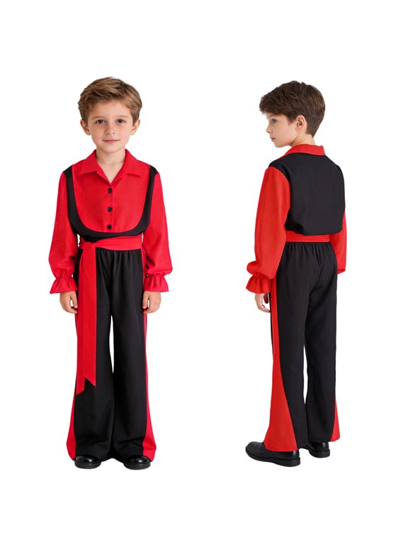 Kids Boys Flamenco Dance Outfit Pullover Shirt with Pants Set Color Block Dancing Clothes Competition Costume Red 14